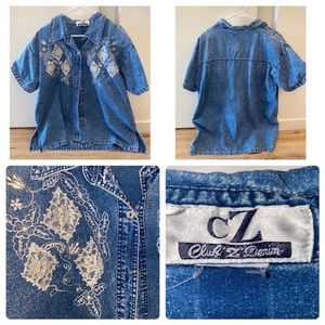Vintage Pearl Detailed Denim Top